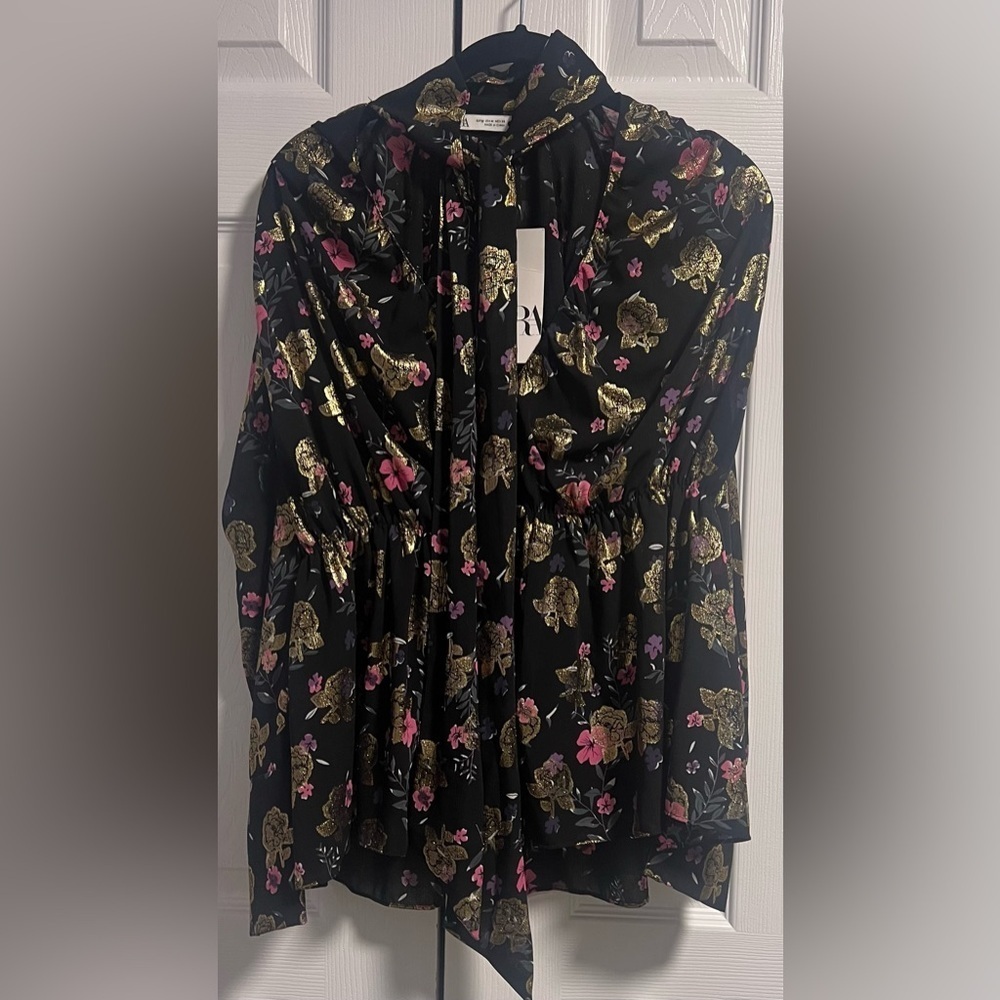 Women's Zara Metallic Floral Peplum Long Sleeved Blouse With Neck Tie